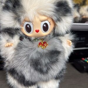 Custom Labubu Grey & White Faux Fur Lulu logo